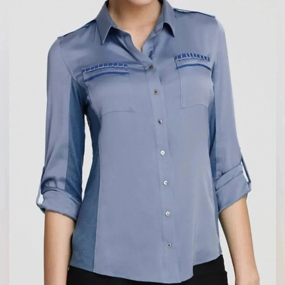 Elie Tahari Women’s Silk Val Blue Button‎ Detailed Career Stretch Blouse Med EUC - Picture 1 of 12